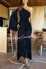 Solid Color One-sleeve Waisted Lace-up Fringed Hem Elegant Maxi Dress