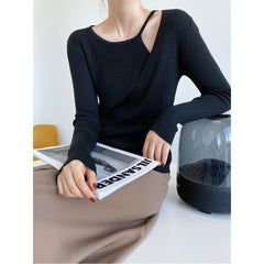 Two False Hollow Out Shoulder Sweater Female Design Sense Hanging Neck Top