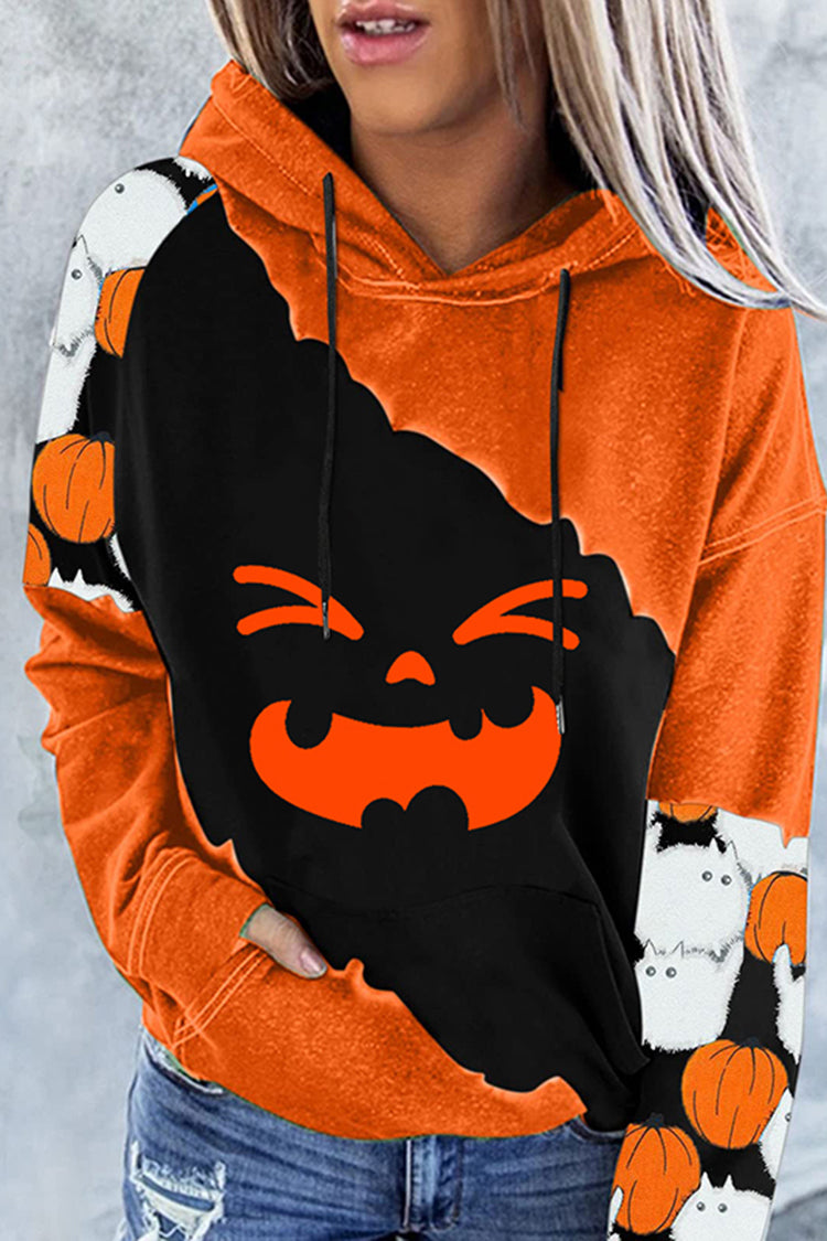 Halloween Colorblock Print Long Sleeve Hoodie