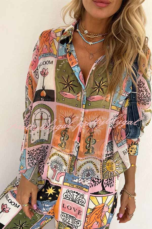 Whimsical Tarot Inspired Print Dolman Sleeve Flowy Shirt and Elastic Waist Wide Leg Pants Set