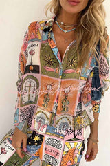 Whimsical Tarot Inspired Print Dolman Sleeve Flowy Shirt and Elastic Waist Wide Leg Pants Set