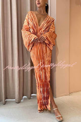 Sculpturally Luxurious Kimono Sleeve Pleated Cocoon Maxi Dress