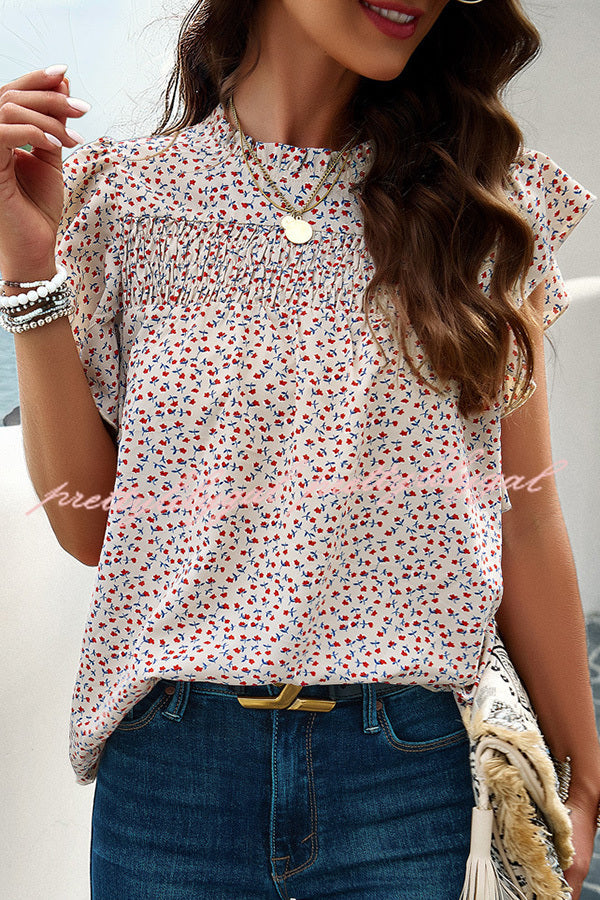 Floral Print Pleated Crew Neck Pullover Top