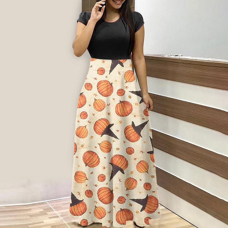 Crew Neck Halloween Pumpkin Print Maxi Dress