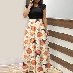 Crew Neck Halloween Pumpkin Print Maxi Dress