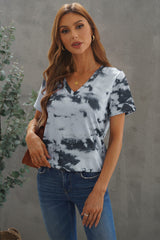 Women's Casual Gray Short Sleeve Tie-dye V Neck T-shirt
