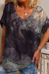 Halloween Cat Print V-Neck T-Shirt