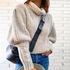 Puffed sleeves loose slouchy high neck knit top