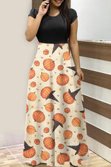 Crew Neck Halloween Pumpkin Print Maxi Dress