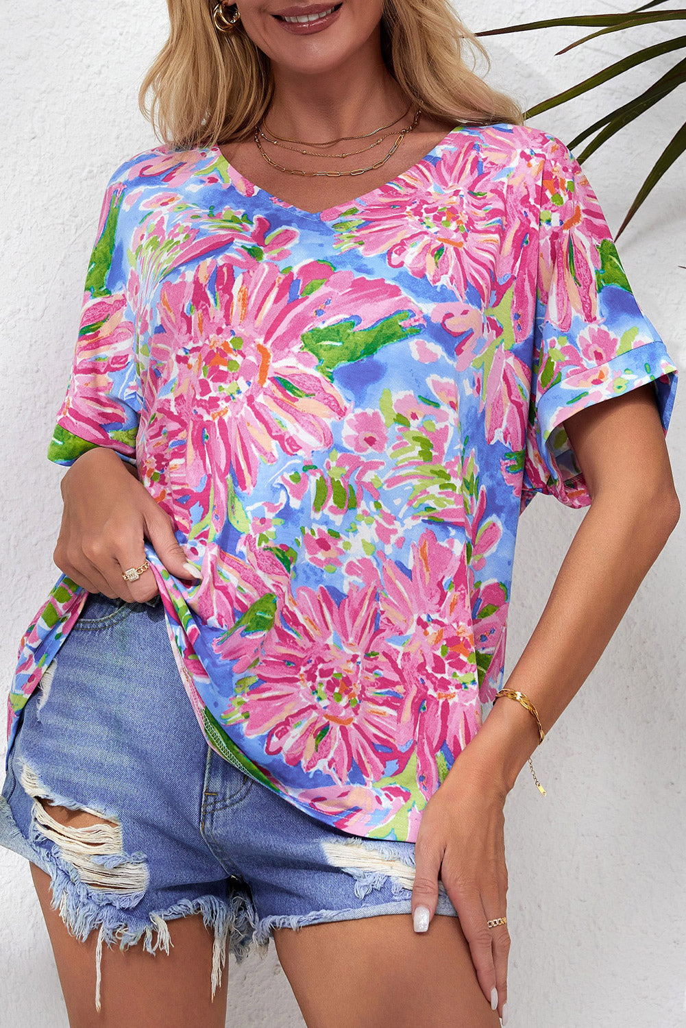 Women's Pink Floral Print V Neck T Shirt