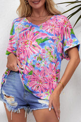 Women's Pink Floral Print V Neck T Shirt