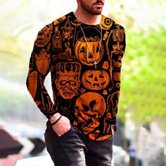 Crew Neck Halloween Pumpkin Print Long Sleeve T-Shirt
