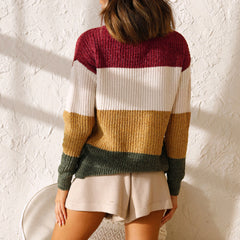 Contrast color high neck long sleeve casual languid breeze top