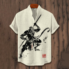 Men's Black Myth Wukong Dark Monkey Warrior Ink Painting Print Linen Blend Short Sleeve Shirt