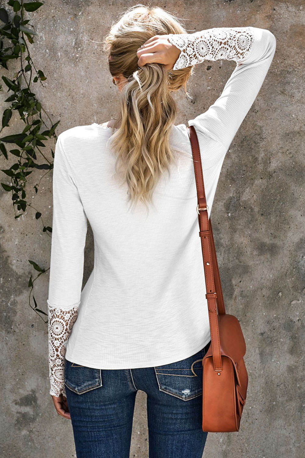 Women's Chic White Crochet Lace Hem Sleeve Button Top