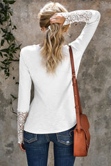 Women's Chic White Crochet Lace Hem Sleeve Button Top