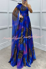 Lucia Unique Print Floral Detail One Shoulder Draped Sleeve Gown Maxi Dress