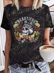 Halloween Beautiful Crazy Rose Skull Print T-Shirt