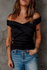 Women's Black Ribbed Off Shoulder Top