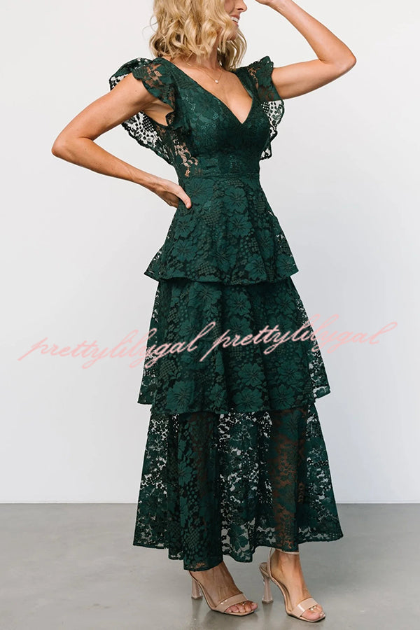 Solid V-neck Ruffled Sleeves Cinched Waist Maxi Dress