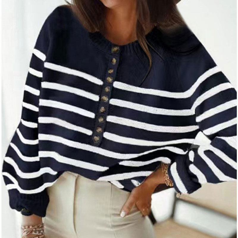 Casual Front Placket Stripe Swater