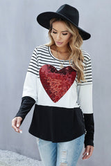 Women's Black White Heart Sequins Striped Long Sleeve Top