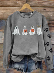 Lovely Halloween Ghost Dogs Paw Prints Washed Sweatshirt