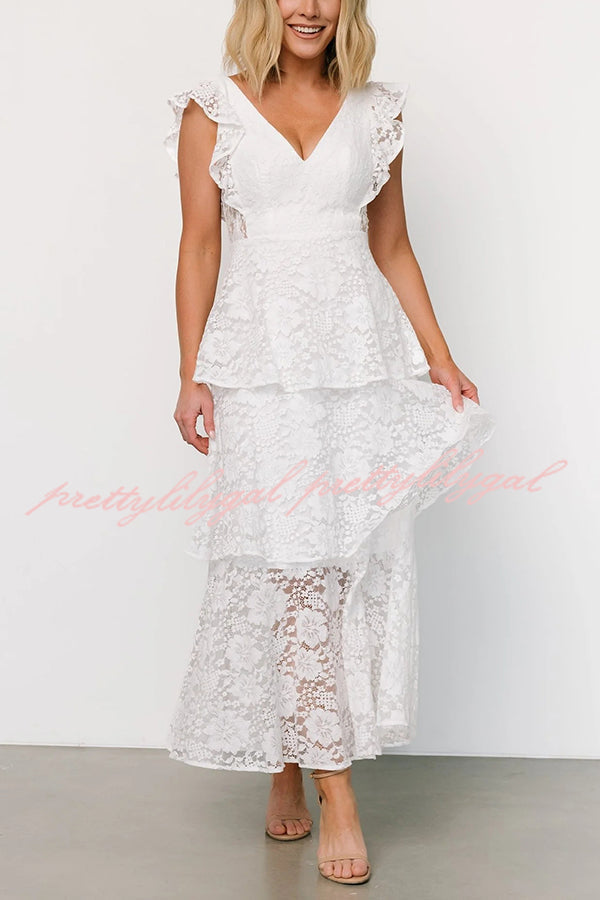 Solid V-neck Ruffled Sleeves Cinched Waist Maxi Dress