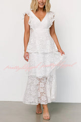 Solid V-neck Ruffled Sleeves Cinched Waist Maxi Dress