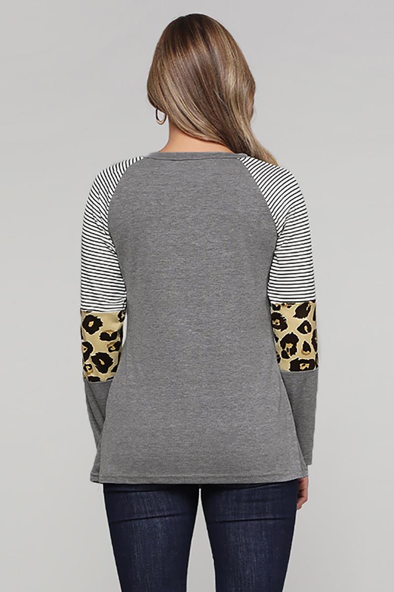 Women's Gray Striped and Leopard Color Block Long Sleeves Top