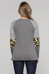 Women's Gray Striped and Leopard Color Block Long Sleeves Top