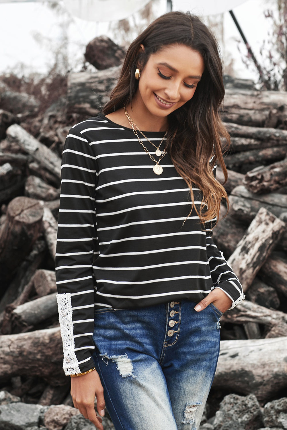 Women's Black White Striped Lace Button Detail Long Sleeve Top