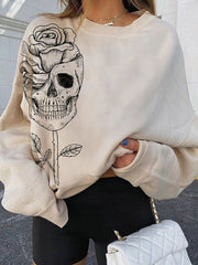 Skull Rose Print Crew Neck Casual Sweatshirt