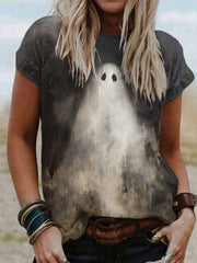 Halloween Ghost Print Crew Neck Short Sleeved T-Shirt
