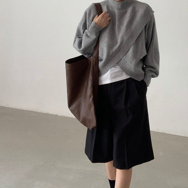 Loose Irregular Cross Knitted Sweater With Standing Collar