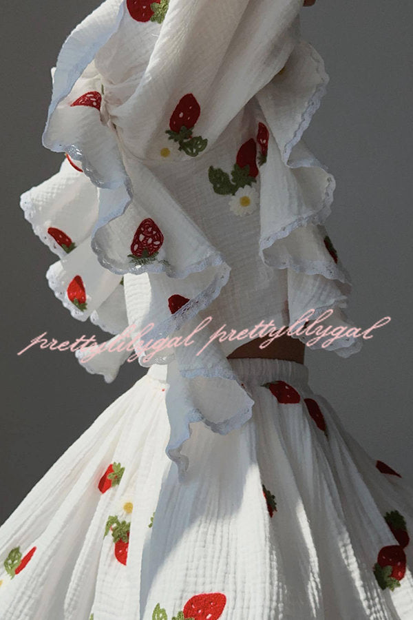 Ranier Cotton Linen Blend Strawberry Print Ruffle Blouse and Elastic Waist Mini Skirt Set