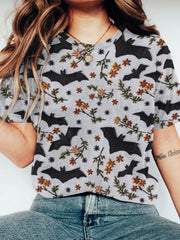 Halloween Bat Embroidery Art Print Short Sleeve Casual T-Shirt