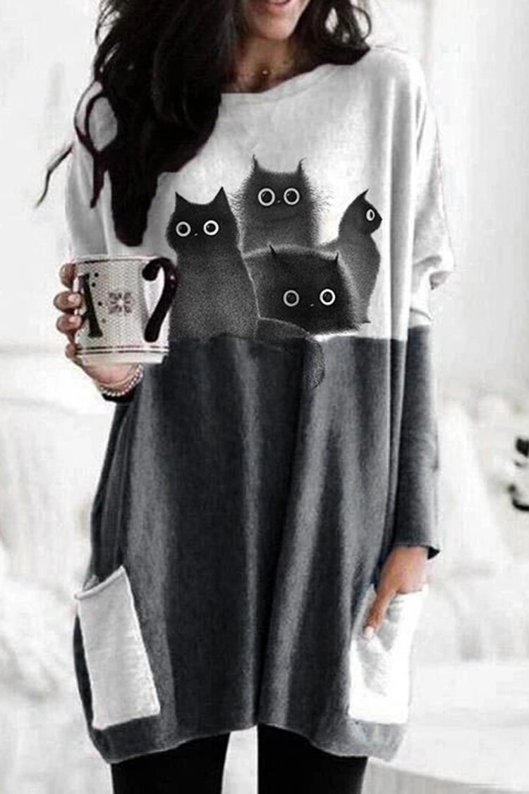 Contrast Panel Cat Print Long Sleeve Casual Tunic