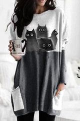 Contrast Panel Cat Print Long Sleeve Casual Tunic