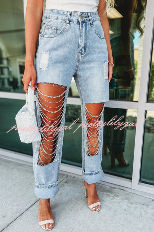 Casual Pocket Ripped Chain Embellished Straight Jeans