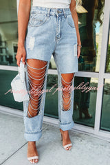 Casual Pocket Ripped Chain Embellished Straight Jeans