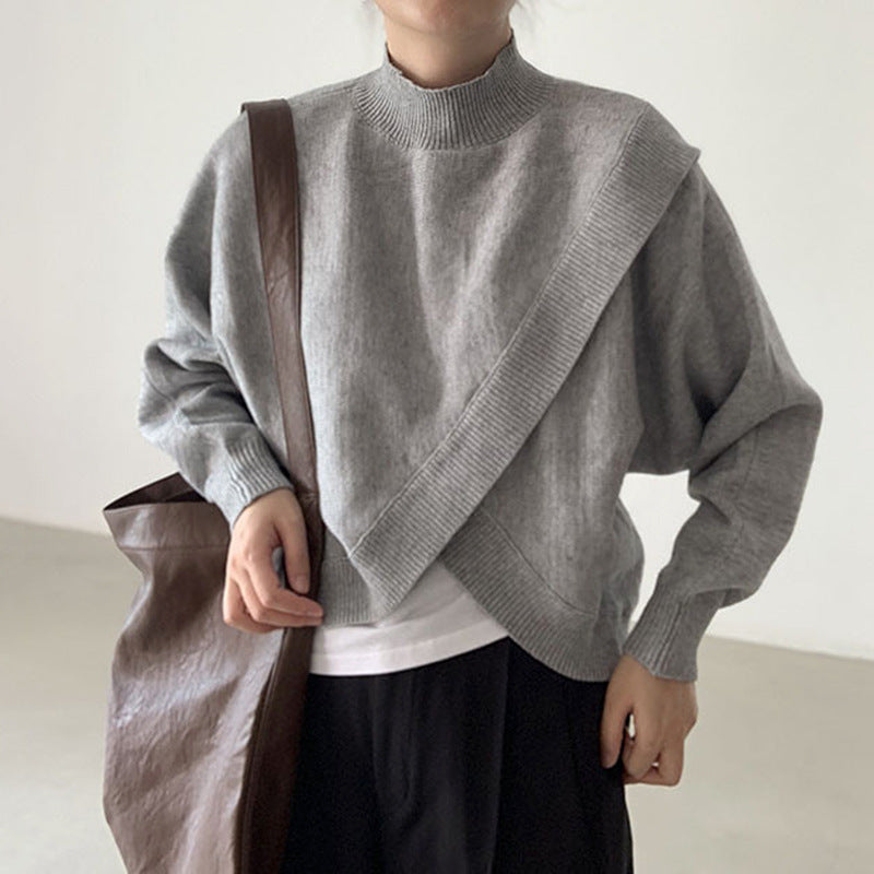 Loose Irregular Cross Knitted Sweater With Standing Collar