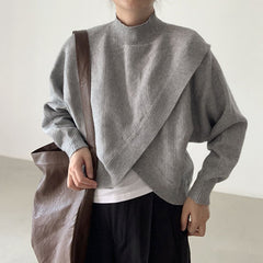 Loose Irregular Cross Knitted Sweater With Standing Collar