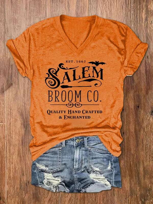 Women's Salem Broom Co Halloween Print V Neck T Shirt