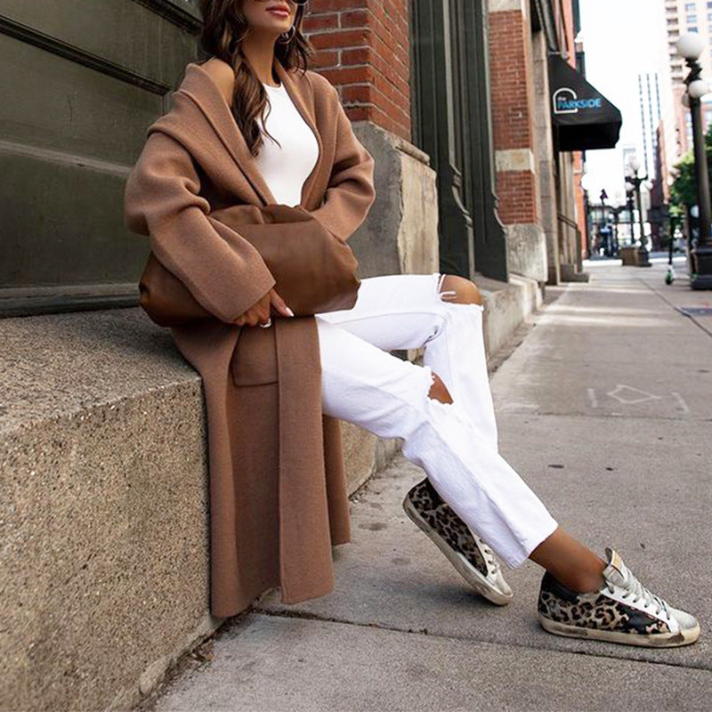 Long-Sleeved Solid Color Loose Woolen Cardigan Coat