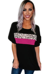 Women's Black Leopard Color Block Short Sleeve Tee