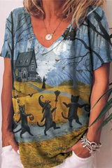 Halloween Cartoon Cat Print T-Shirt