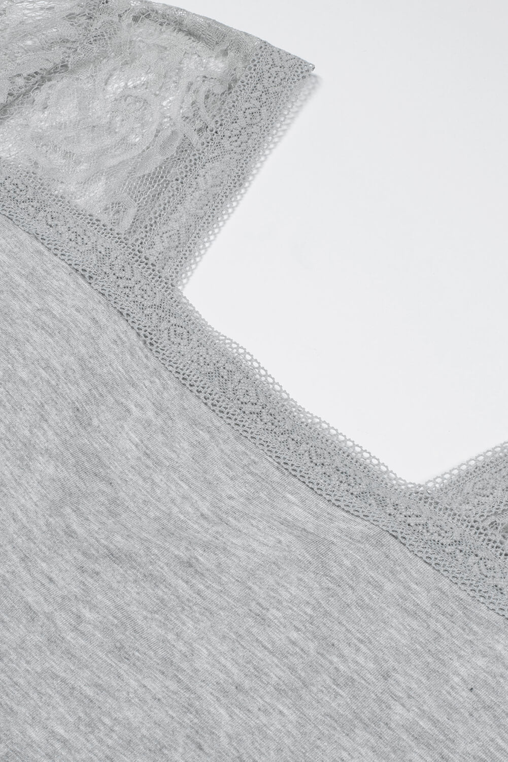 Women's Gray Sweet Side Lace Short Sleeve Deep V Neck T-shirt