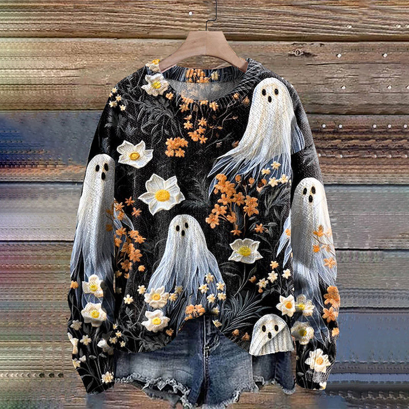 Cute Ghost Flowers Art Pattern Print Casual Knit Pullover Sweater