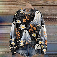 Cute Ghost Flowers Art Pattern Print Casual Knit Pullover Sweater